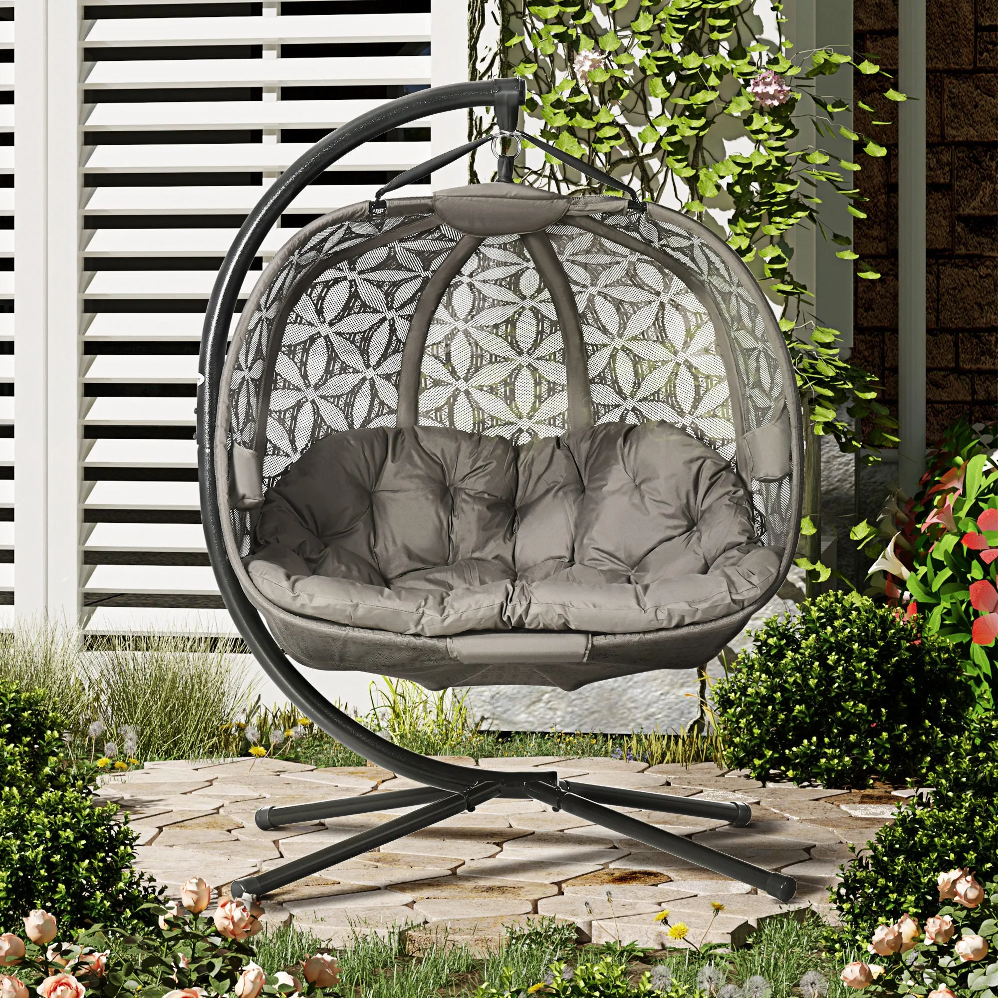 Outdoor Double Hanging Chair, Swing Chair with Metal Stand, Thick Padded Cushion, Foldable Basket and Cup Holders, for Indoor and Outdoor, Sand Brown