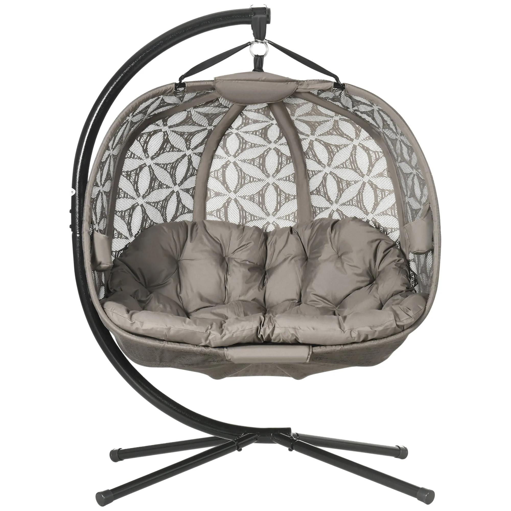 Outdoor Double Hanging Chair, Swing Chair with Metal Stand, Thick Padded Cushion, Foldable Basket and Cup Holders, for Indoor and Outdoor, Sand Brown