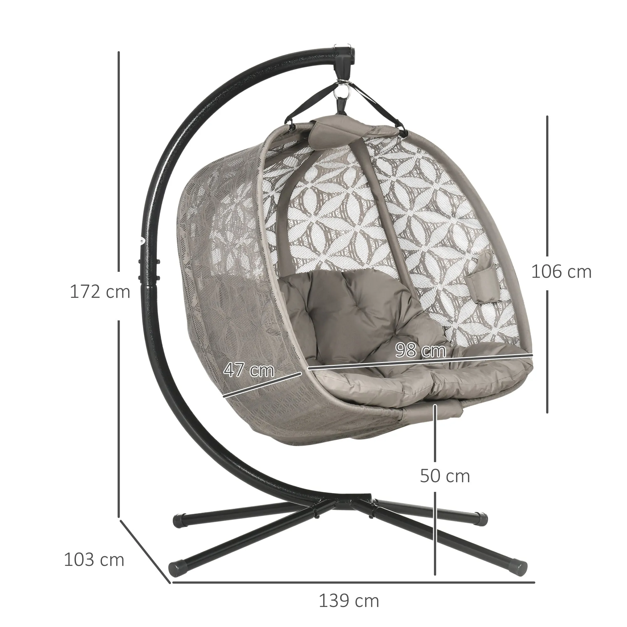 Outdoor Double Hanging Chair, Swing Chair with Metal Stand, Thick Padded Cushion, Foldable Basket and Cup Holders, for Indoor and Outdoor, Sand Brown