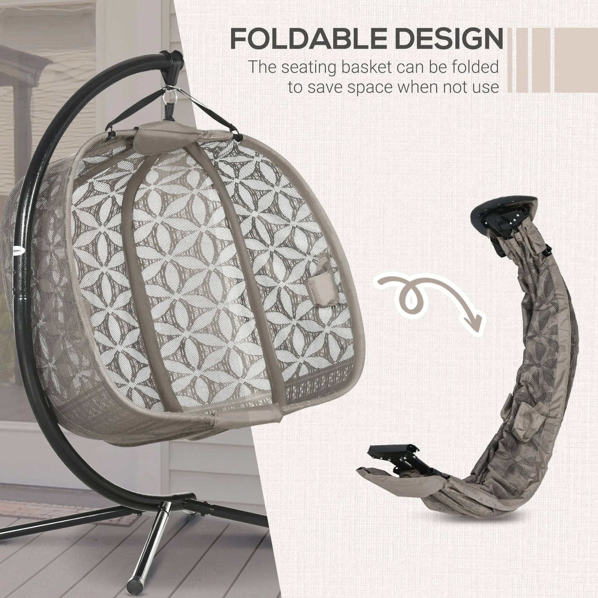 Outdoor Double Hanging Chair, Swing Chair with Metal Stand, Thick Padded Cushion, Foldable Basket and Cup Holders, for Indoor and Outdoor, Sand Brown