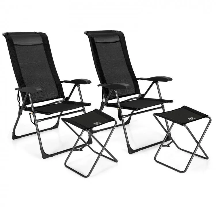 Outdoor Folding Camping Chair Set - 4-Piece Set with 2 Folding Chairs and 2 Ottomans - Suitable for Picnics, Fishing, and Hiking