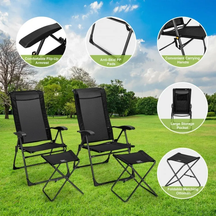 Outdoor Folding Camping Chair Set - 4-Piece Set with 2 Folding Chairs and 2 Ottomans - Suitable for Picnics, Fishing, and Hiking