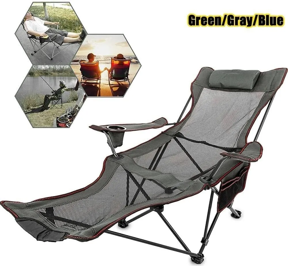 Outdoor Folding Reclining Camping Chair with Adjustable Back & Footrest, Cup Holder, Lightweight Portable Fishing & Hiking Chair, 110KG Capacity, Green/Grey
