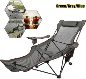 Outdoor Folding Reclining Camping Chair with Adjustable Back & Footrest, Cup Holder, Lightweight Portable Fishing & Hiking Chair, 110KG Capacity, Green/Grey