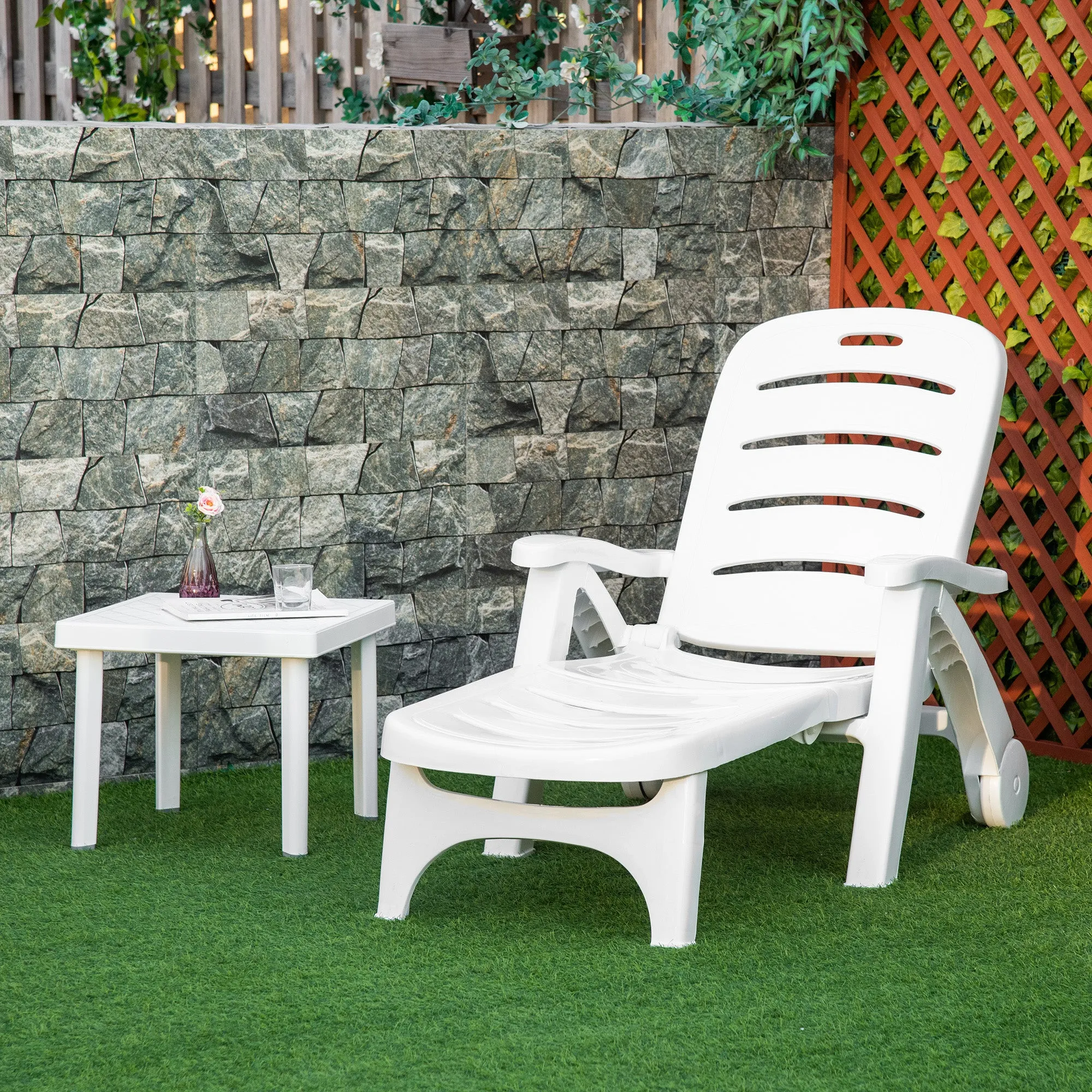 Outdoor Lounge Chair, 5 Level Adjustable Backrest Chaise Lounge with Wheels, Folding Tanning Chair for Pool, Beach, Patio, Garden, White