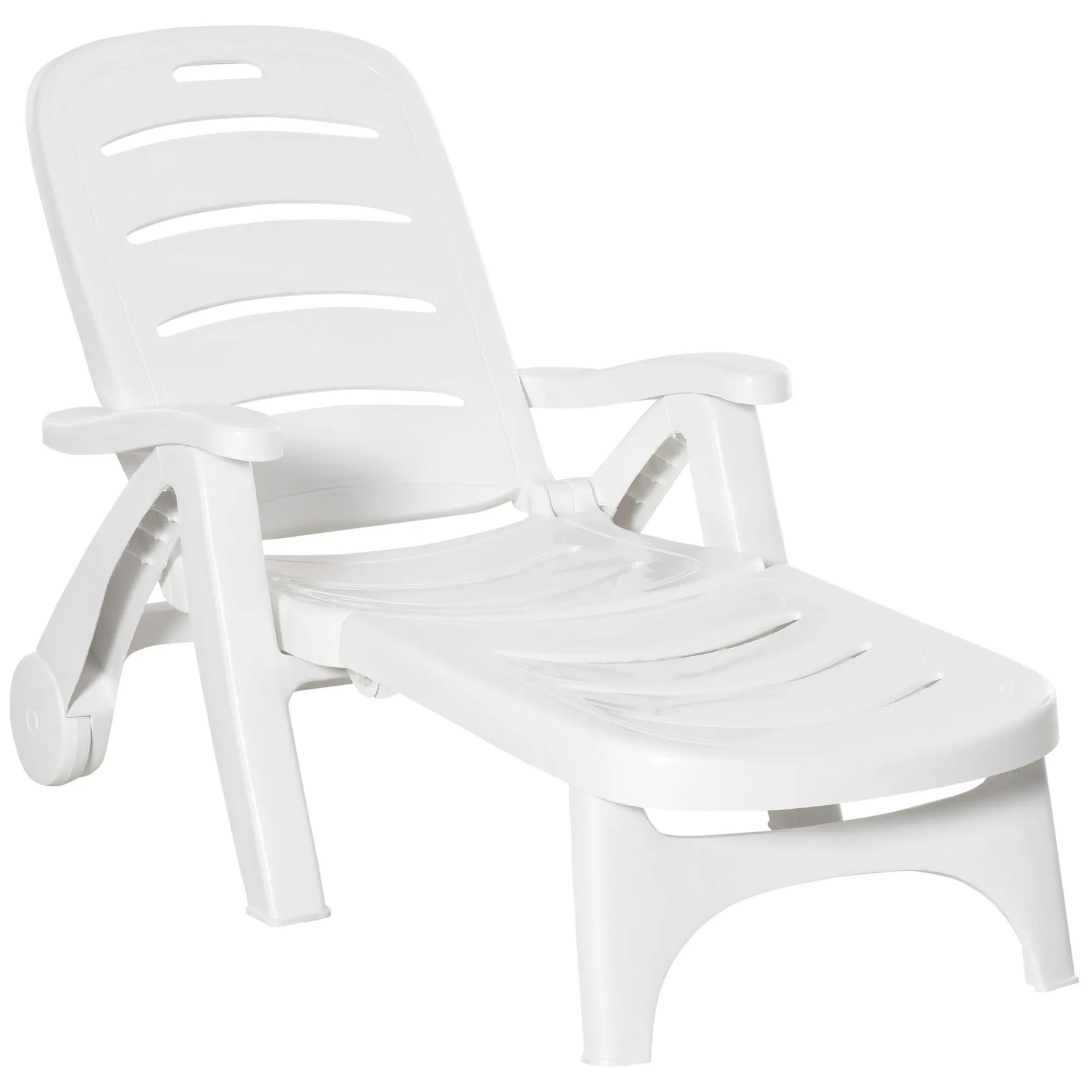 Outdoor Lounge Chair, 5 Level Adjustable Backrest Chaise Lounge with Wheels, Folding Tanning Chair for Pool, Beach, Patio, Garden, White