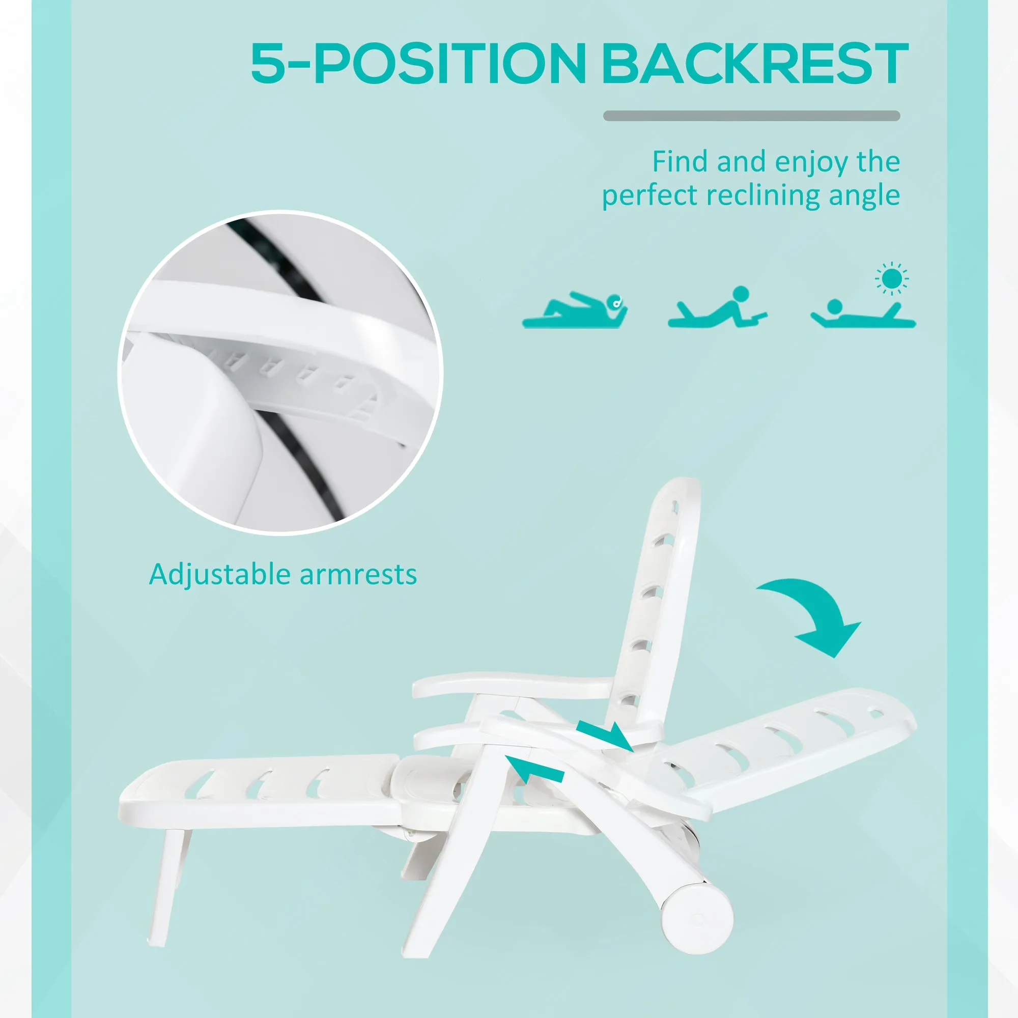Outdoor Lounge Chair, 5 Level Adjustable Backrest Chaise Lounge with Wheels, Folding Tanning Chair for Pool, Beach, Patio, Garden, White