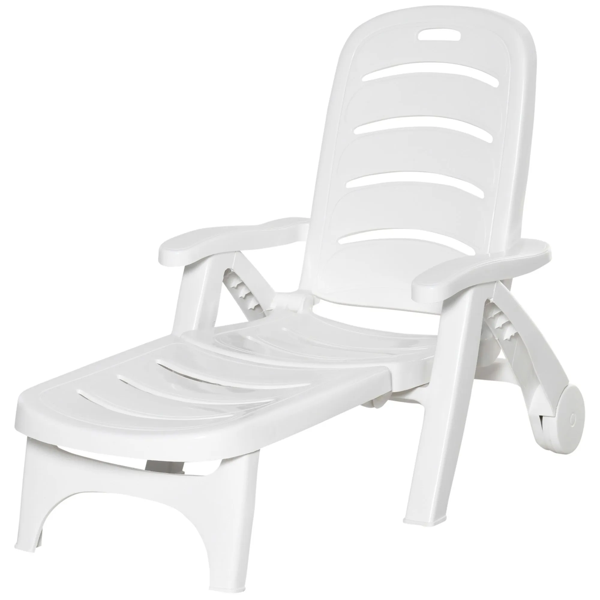 Outdoor Lounge Chair, 5 Level Adjustable Backrest Chaise Lounge with Wheels, Folding Tanning Chair for Pool, Beach, Patio, Garden, White