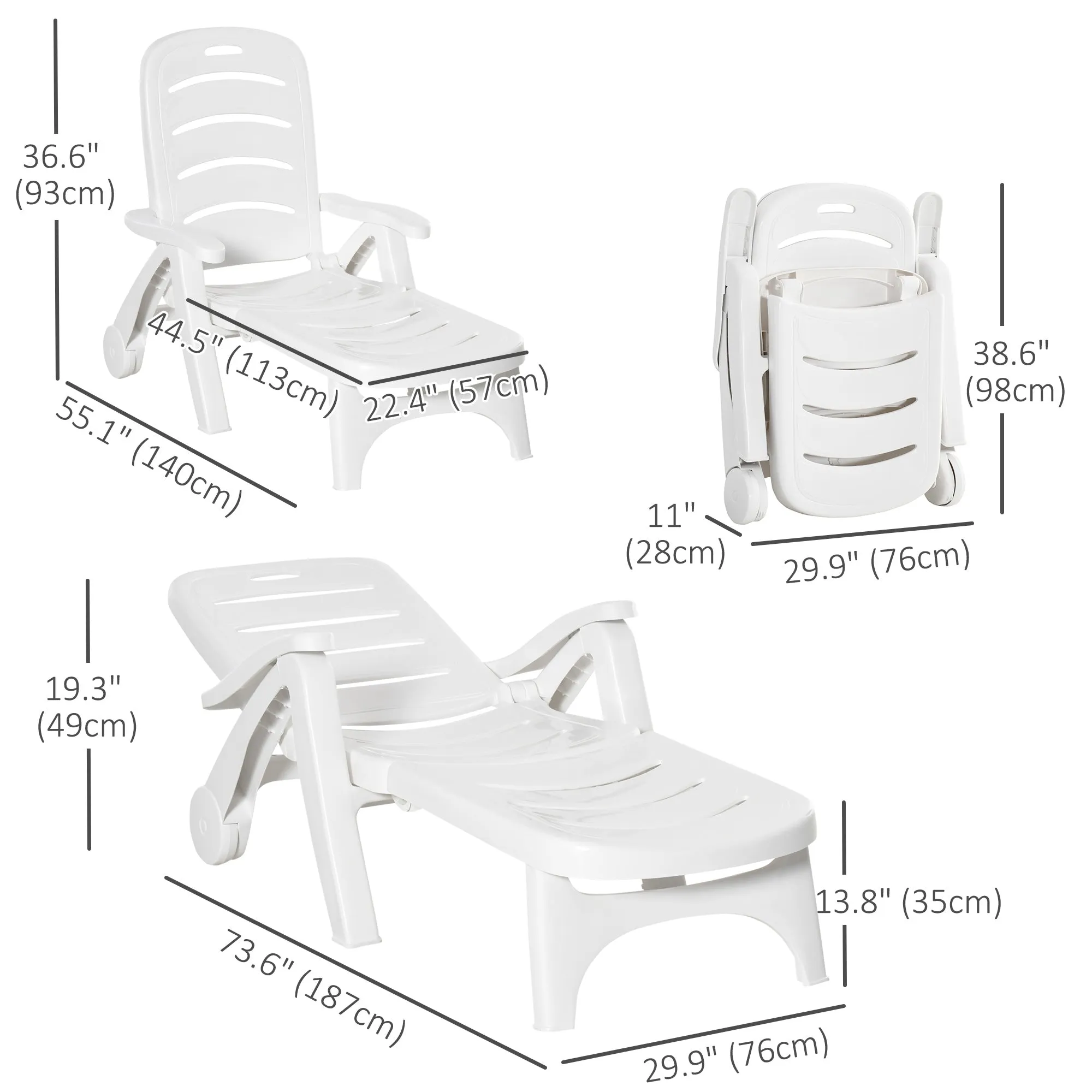 Outdoor Lounge Chair, 5 Level Adjustable Backrest Chaise Lounge with Wheels, Folding Tanning Chair for Pool, Beach, Patio, Garden, White