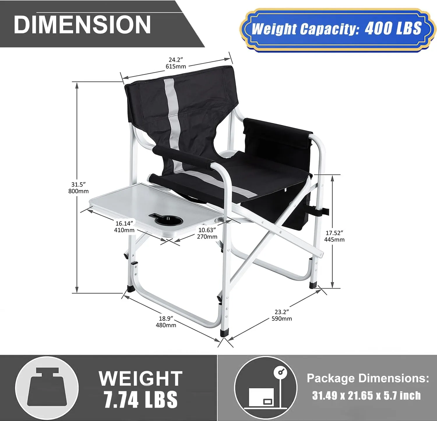 Outdoor Padded Folding Chair with Side Table and Storage Pockets, Lightweight Oversized Portable Camping Seating, Portable Folding Camping Chair for Outdoor Camping, Picnics and Fishing (1, Black)