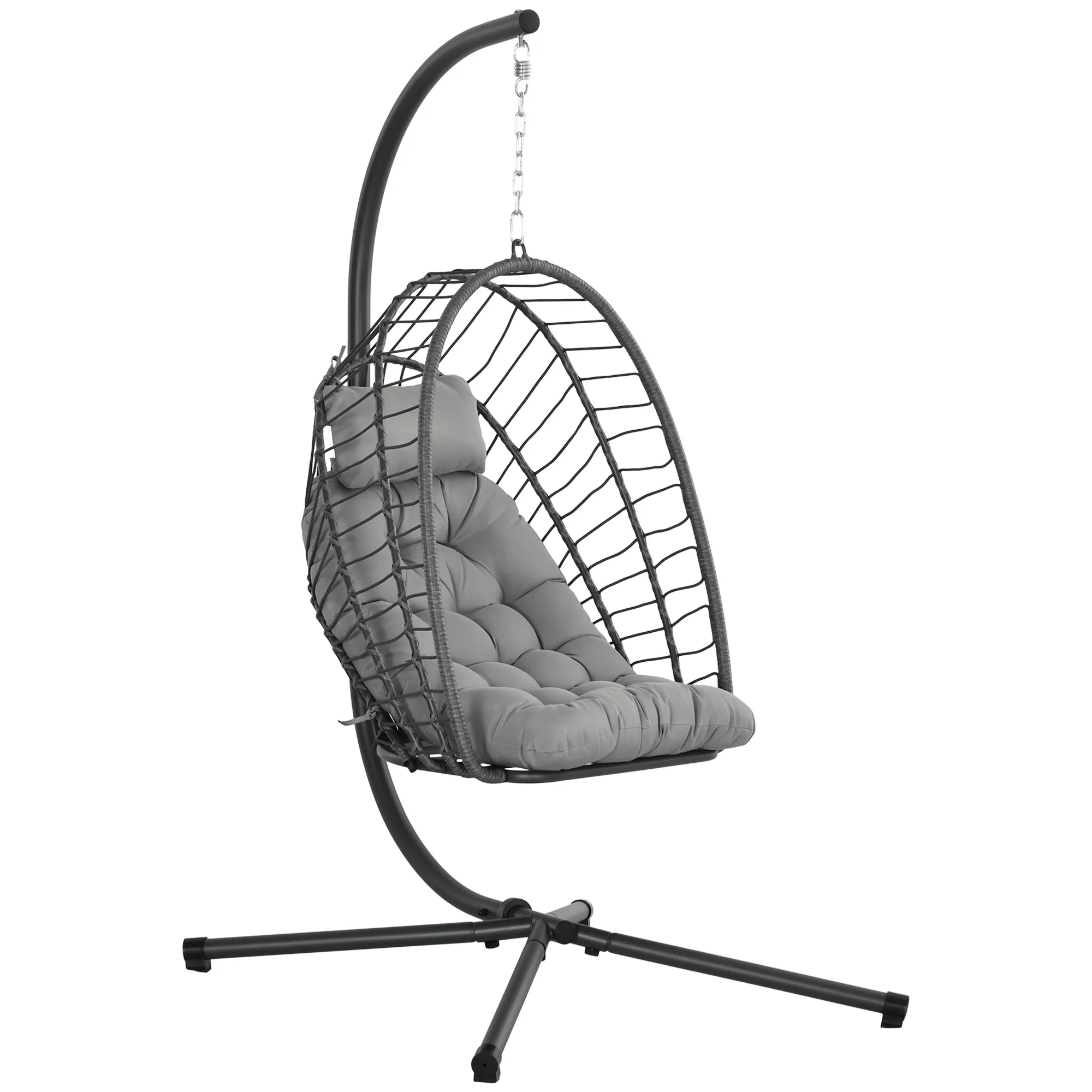 Outdoor PE Rattan Swing Chair with Cushion, Garden Foldable Basket Patio Hanging Egg Chair with Metal Stand, Headrest, for Indoor and Outdoor, Light Grey