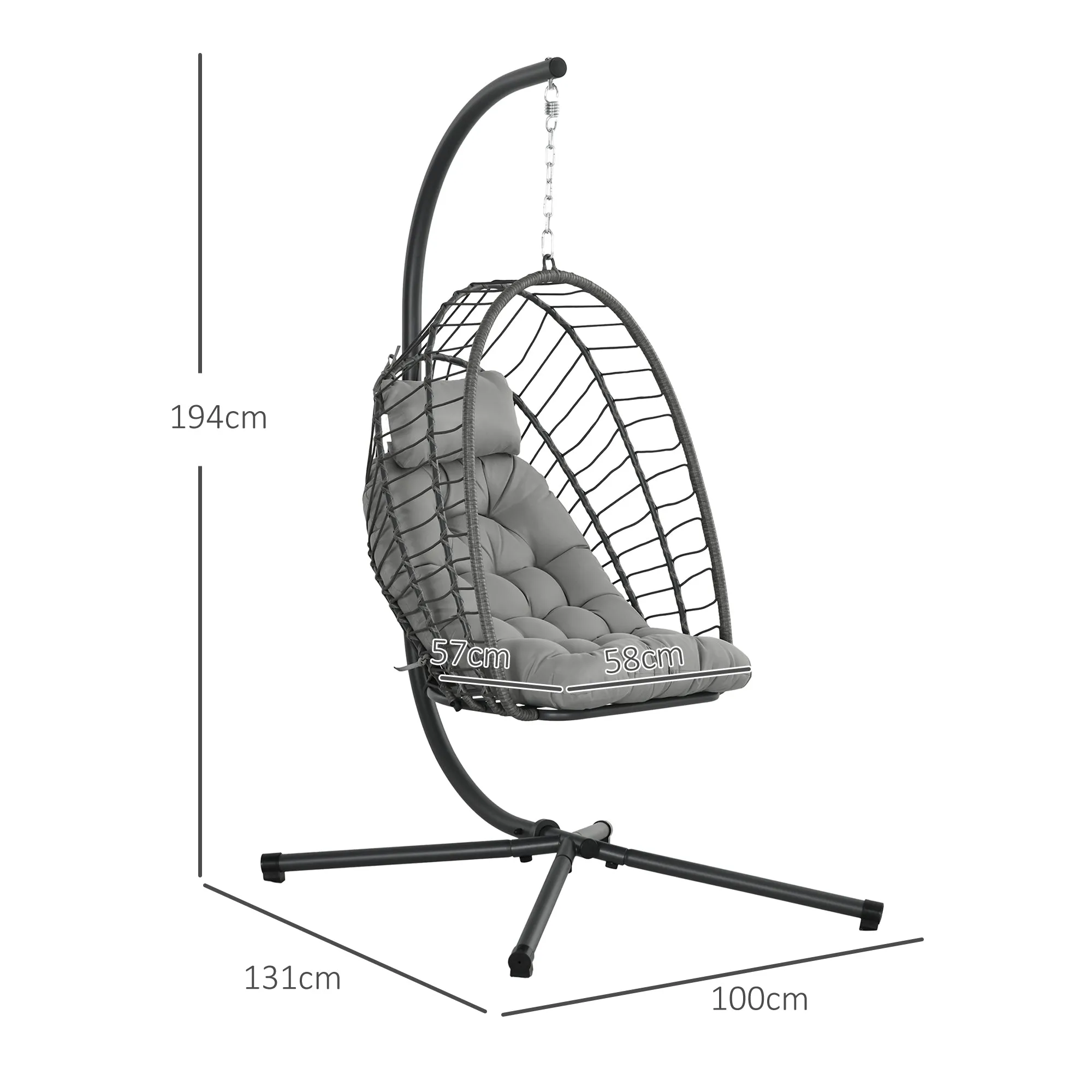Outdoor PE Rattan Swing Chair with Cushion, Garden Foldable Basket Patio Hanging Egg Chair with Metal Stand, Headrest, for Indoor and Outdoor, Light Grey