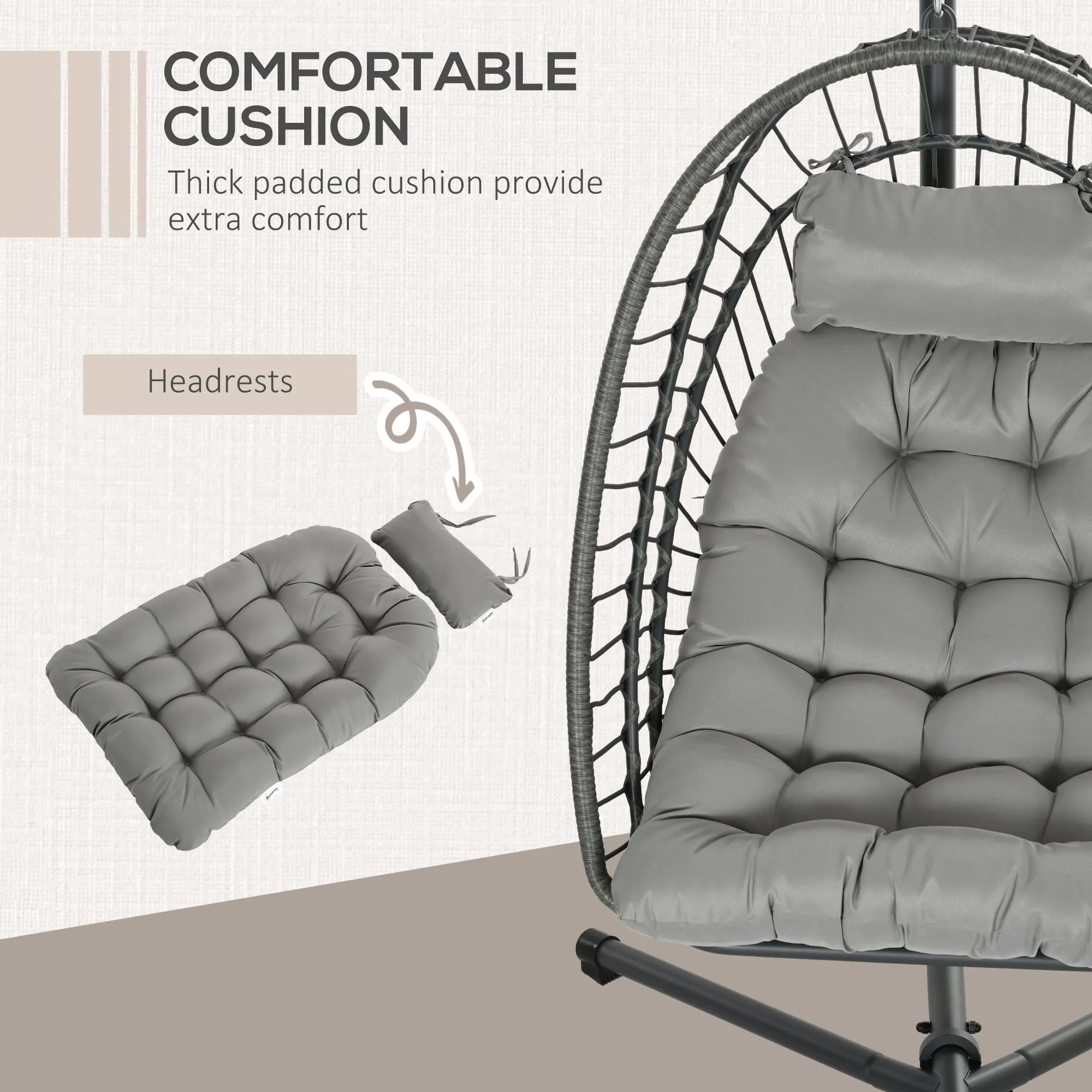 Outdoor PE Rattan Swing Chair with Cushion, Garden Foldable Basket Patio Hanging Egg Chair with Metal Stand, Headrest, for Indoor and Outdoor, Light Grey