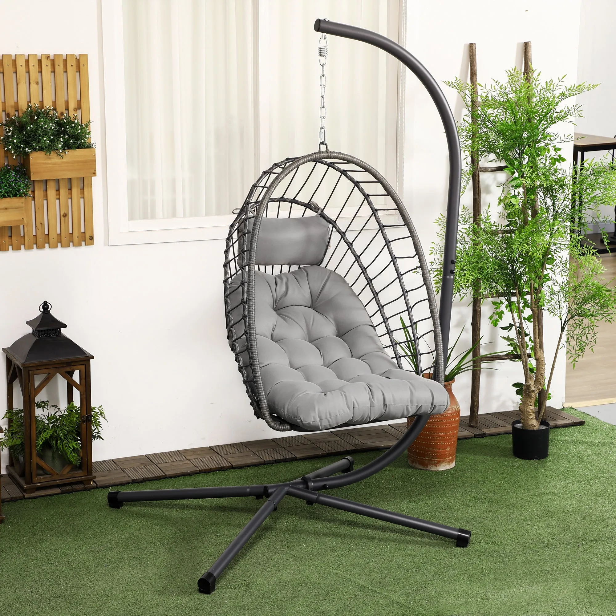 Outdoor PE Rattan Swing Chair with Cushion, Garden Foldable Basket Patio Hanging Egg Chair with Metal Stand, Headrest, for Indoor and Outdoor, Light Grey