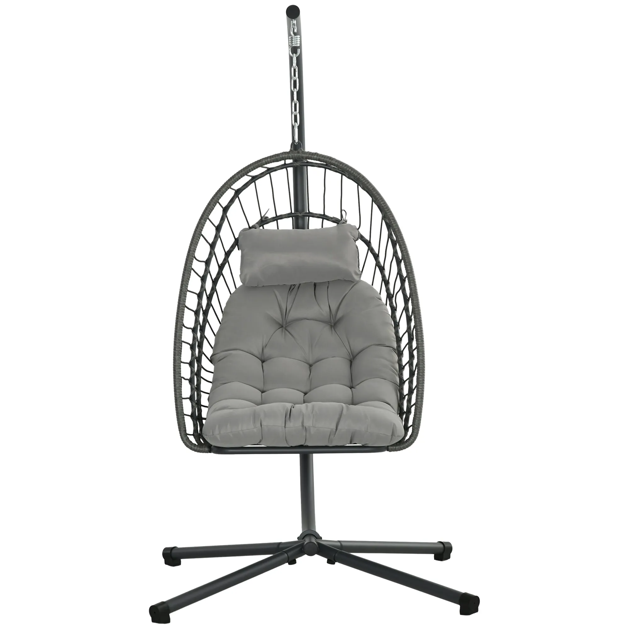 Outdoor PE Rattan Swing Chair with Cushion, Garden Foldable Basket Patio Hanging Egg Chair with Metal Stand, Headrest, for Indoor and Outdoor, Light Grey