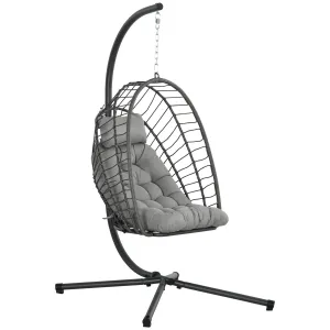 Outdoor PE Rattan Swing Chair with Cushion, Garden Foldable Basket Patio Hanging Egg Chair with Metal Stand, Headrest, for Indoor and Outdoor, Light Grey