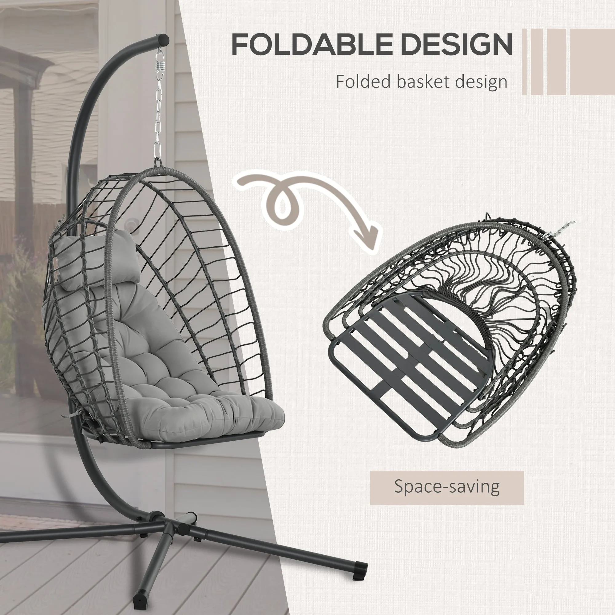 Outdoor PE Rattan Swing Chair with Cushion, Garden Foldable Basket Patio Hanging Egg Chair with Metal Stand, Headrest, for Indoor and Outdoor, Light Grey