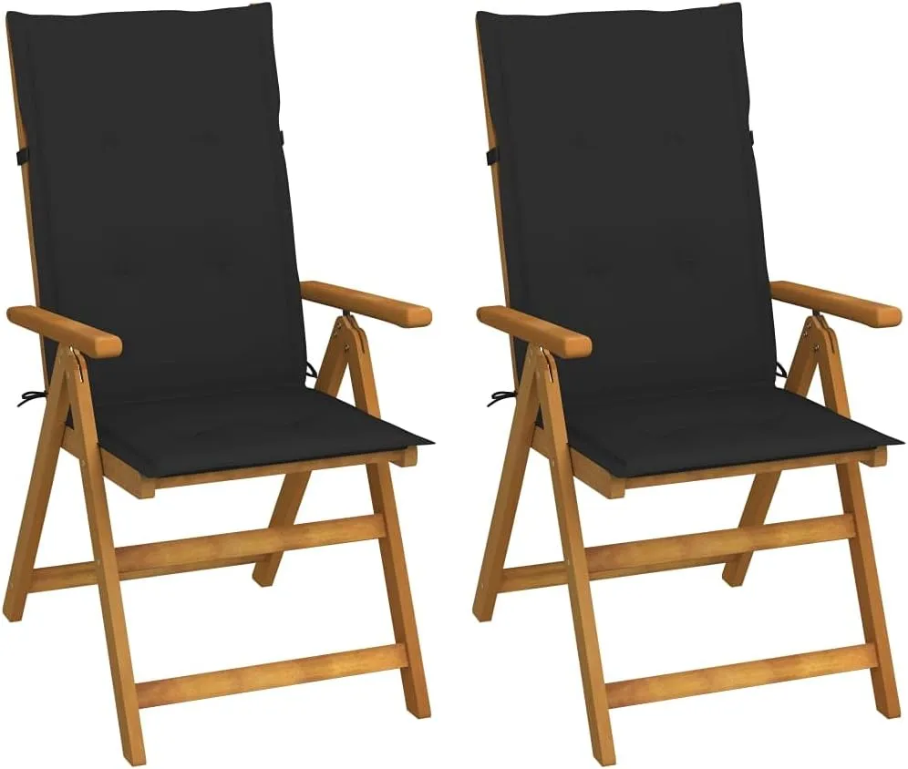 Outdoor Reclining Chairs Set of 2 with Cushions Solid Acacia Wood Adjustable Patio Lounge Chairs Black Cushions Foldable Outdoor Furniture for Patio, Garden, Balcony