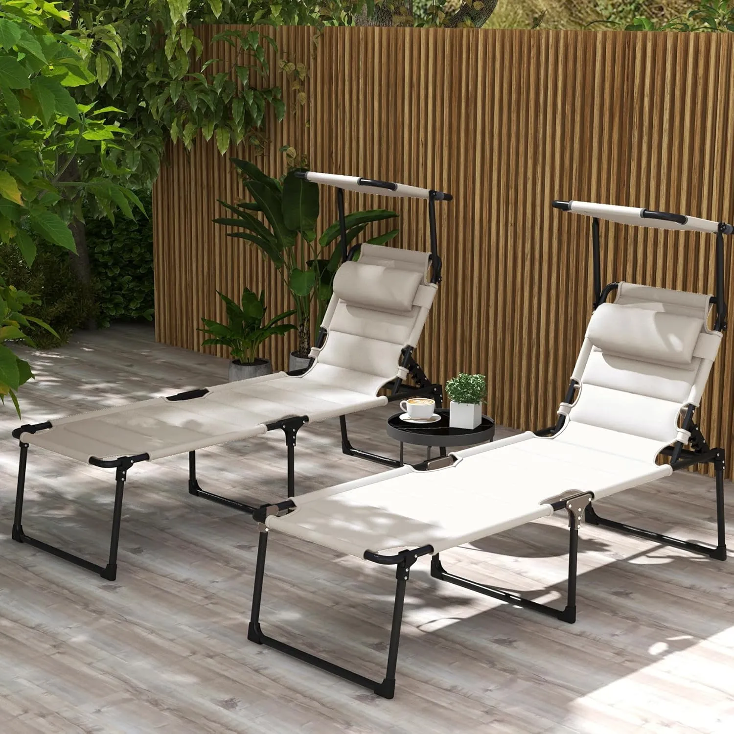 Outsunny 2 Pieces Outdoor Lounge Chair, Adjustable Backrest Folding Chaise Lounge, Cushioned Tanning Chair with Sunshade Roof & Pillow Headrest for Beach, Camping, Hiking, Cream White