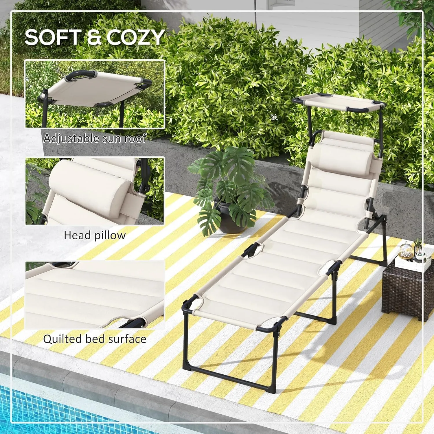Outsunny 2 Pieces Outdoor Lounge Chair, Adjustable Backrest Folding Chaise Lounge, Cushioned Tanning Chair with Sunshade Roof & Pillow Headrest for Beach, Camping, Hiking, Cream White