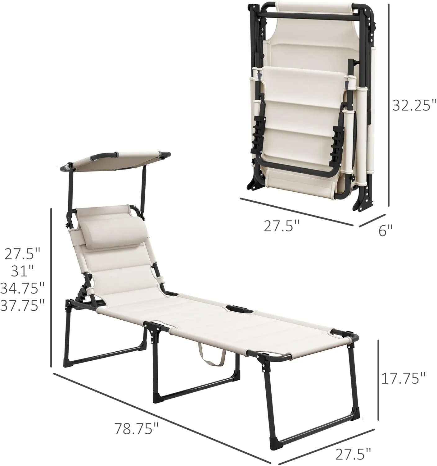 Outsunny 2 Pieces Outdoor Lounge Chair, Adjustable Backrest Folding Chaise Lounge, Cushioned Tanning Chair with Sunshade Roof & Pillow Headrest for Beach, Camping, Hiking, Cream White