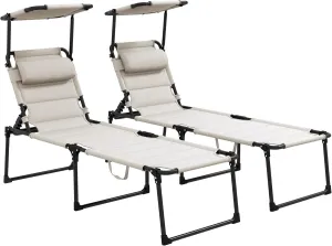 Outsunny 2 Pieces Outdoor Lounge Chair, Adjustable Backrest Folding Chaise Lounge, Cushioned Tanning Chair with Sunshade Roof & Pillow Headrest for Beach, Camping, Hiking, Cream White