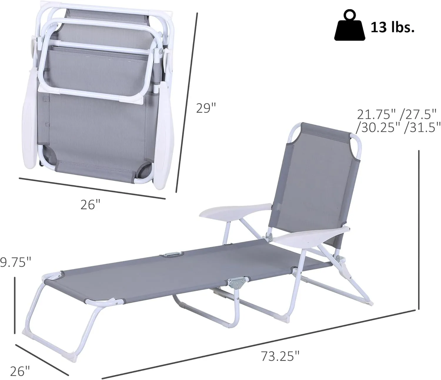 Outsunny Folding Lounge Chair, Portable Outdoor Chaise Lounge, Sun Tanning Chair with 4-Position Reclining Back, Armrests, Metal Frame and Mesh Fabric for Beach, Yard, Patio, Gray
