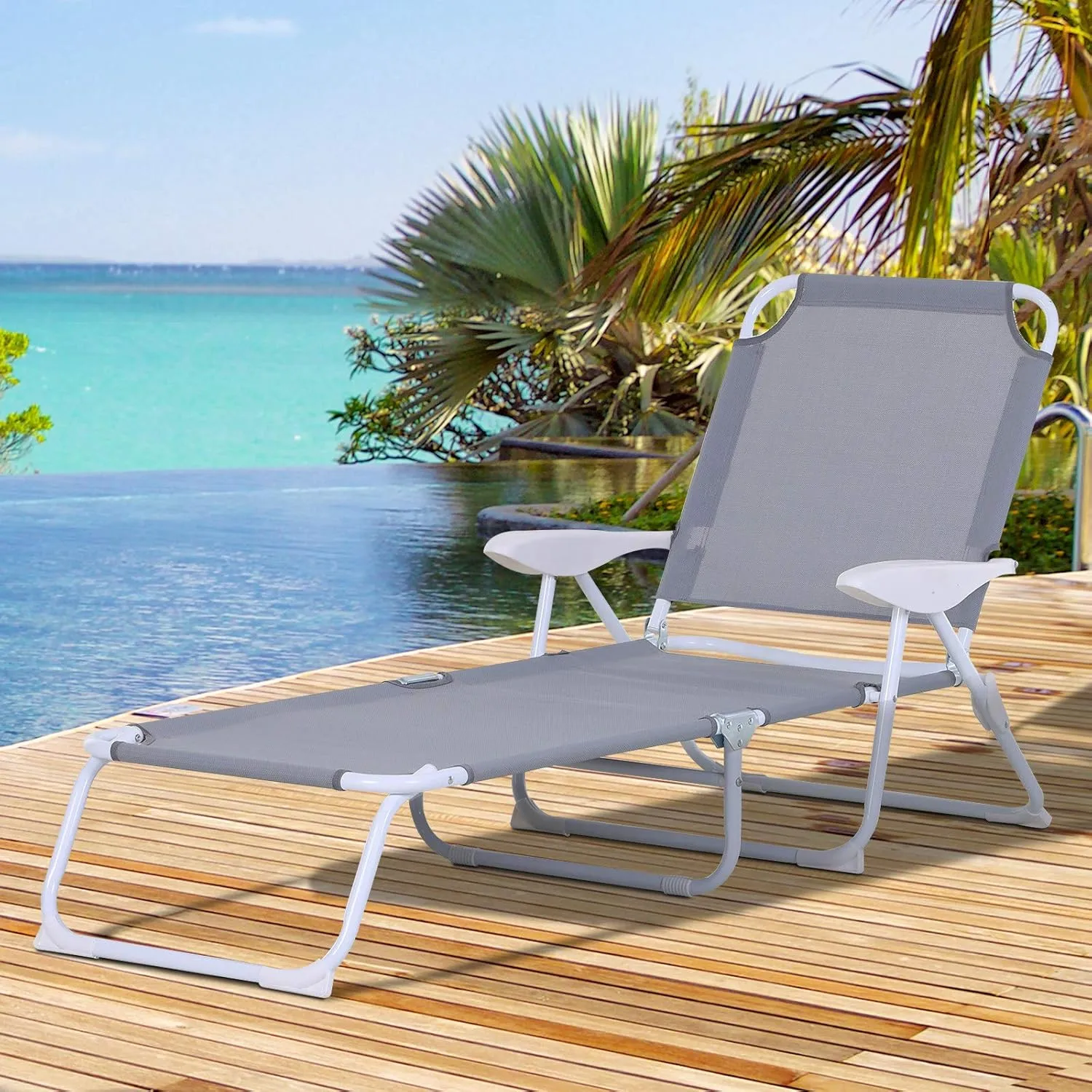 Outsunny Folding Lounge Chair, Portable Outdoor Chaise Lounge, Sun Tanning Chair with 4-Position Reclining Back, Armrests, Metal Frame and Mesh Fabric for Beach, Yard, Patio, Gray