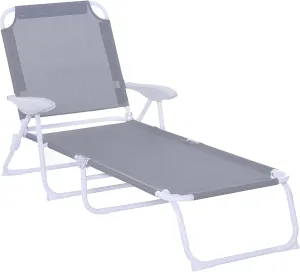 Outsunny Folding Lounge Chair, Portable Outdoor Chaise Lounge, Sun Tanning Chair with 4-Position Reclining Back, Armrests, Metal Frame and Mesh Fabric for Beach, Yard, Patio, Gray