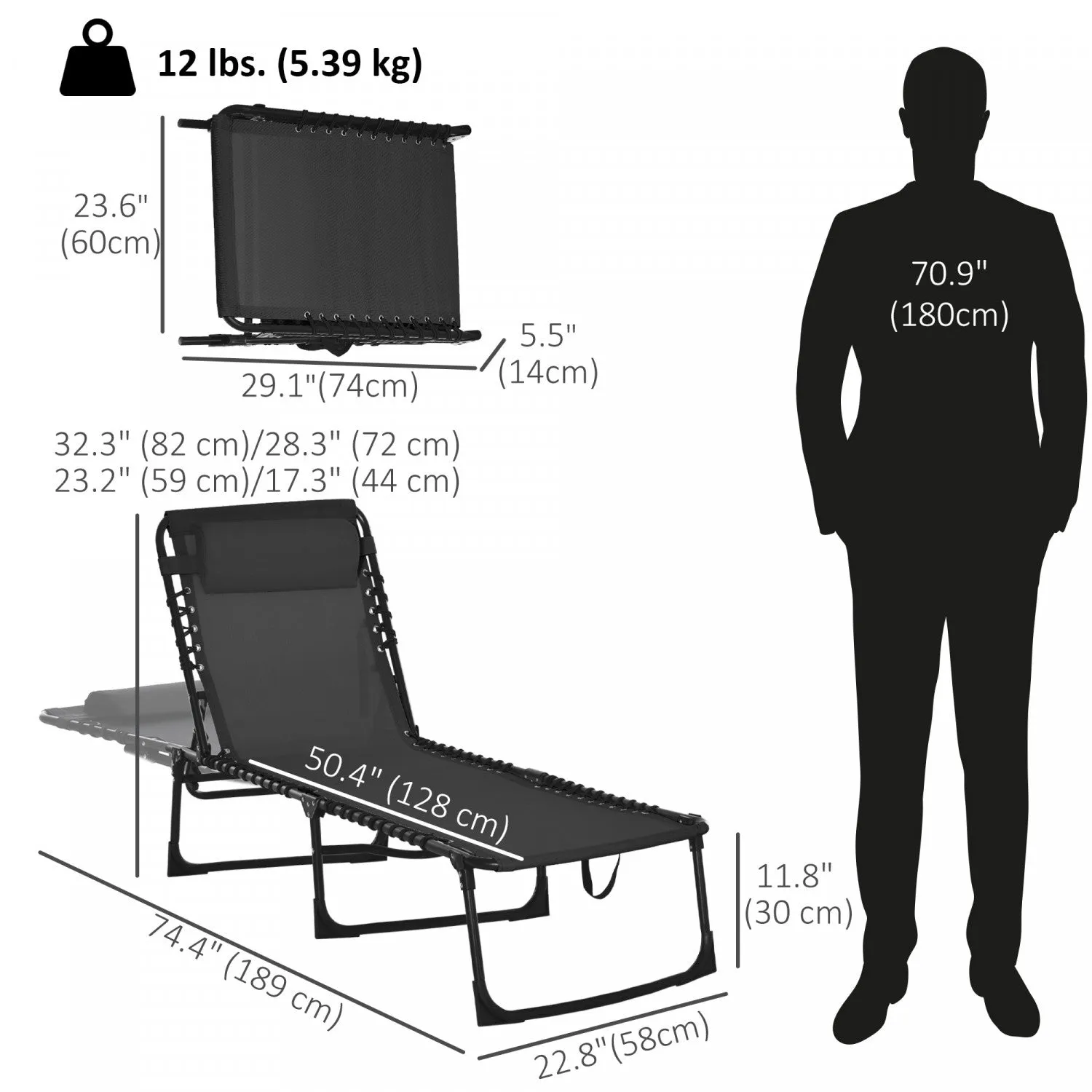 Outsunny Outdoor Folding Lounge Chair For Camping, Hiking, Black