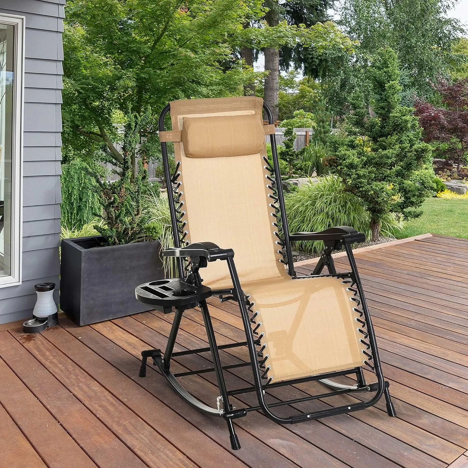 Outsunny Outdoor Rocking Chairs, Foldable Reclining Zero Gravity Lounge Rocker with Pillow, Cup & Phone Holder, Combo Design with Folding Legs, Beige