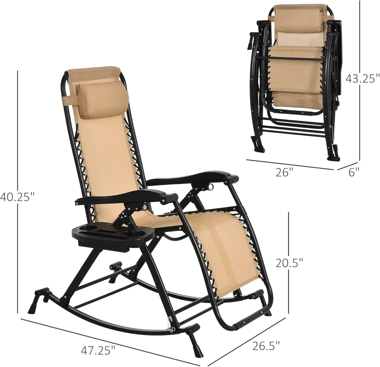 Outsunny Outdoor Rocking Chairs, Foldable Reclining Zero Gravity Lounge Rocker with Pillow, Cup & Phone Holder, Combo Design with Folding Legs, Beige