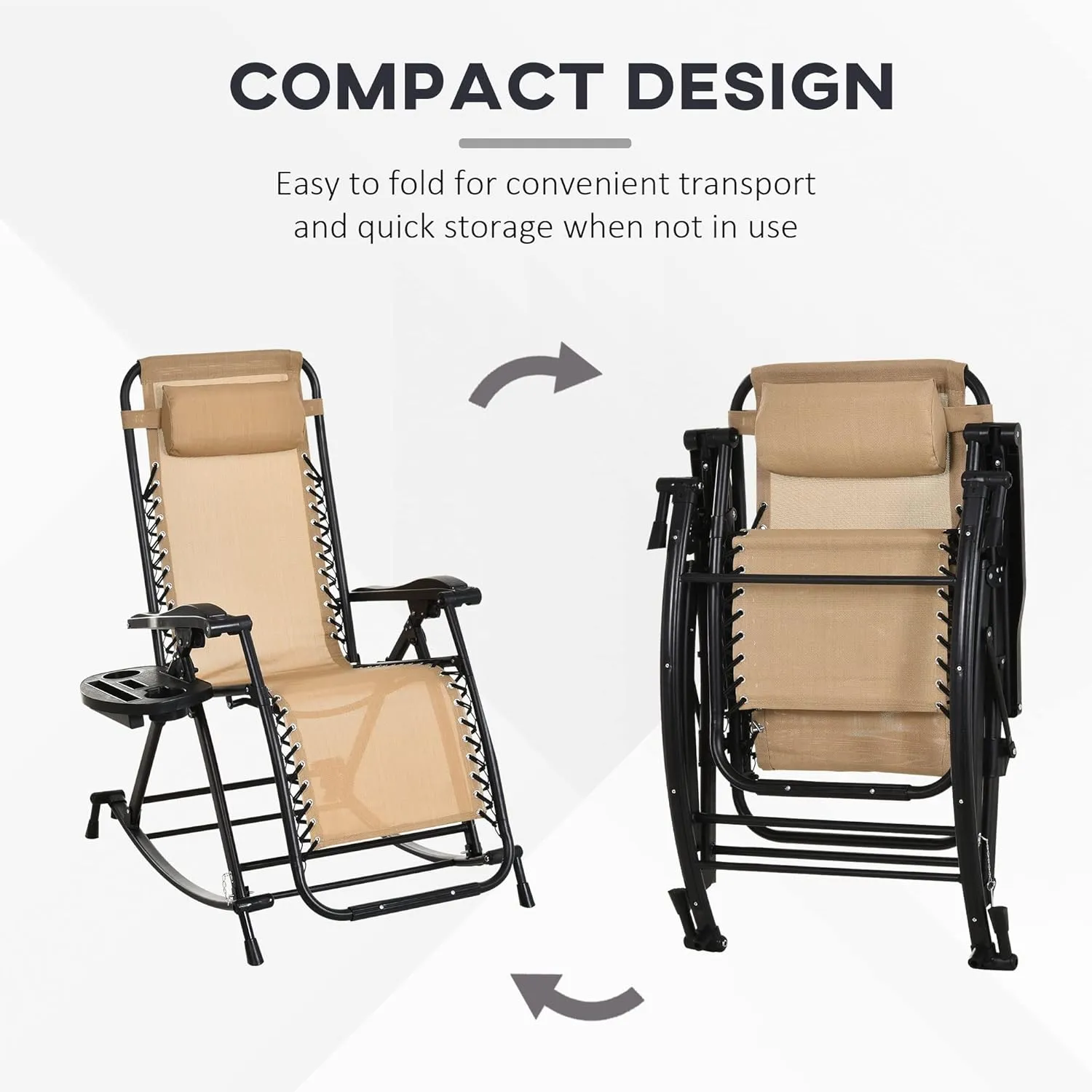Outsunny Outdoor Rocking Chairs, Foldable Reclining Zero Gravity Lounge Rocker with Pillow, Cup & Phone Holder, Combo Design with Folding Legs, Beige