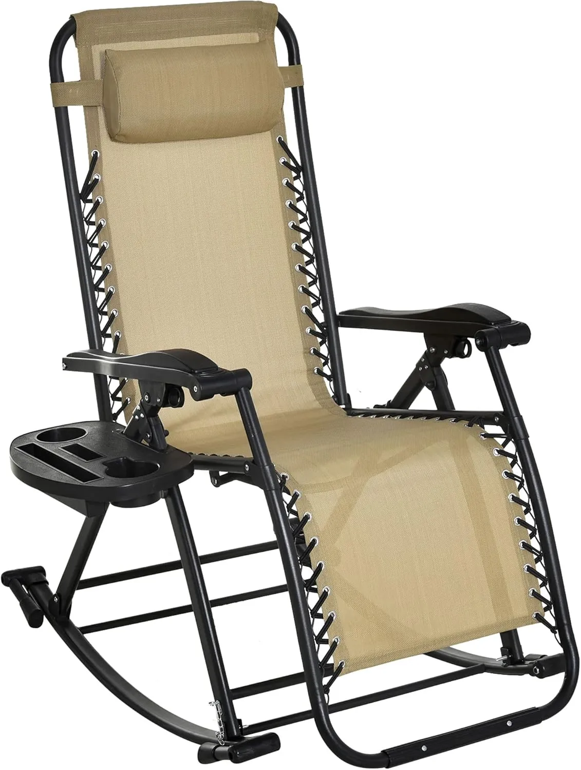 Outsunny Outdoor Rocking Chairs, Foldable Reclining Zero Gravity Lounge Rocker with Pillow, Cup & Phone Holder, Combo Design with Folding Legs, Beige