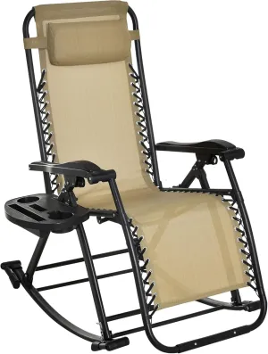 Outsunny Outdoor Rocking Chairs, Foldable Reclining Zero Gravity Lounge Rocker with Pillow, Cup & Phone Holder, Combo Design with Folding Legs, Beige