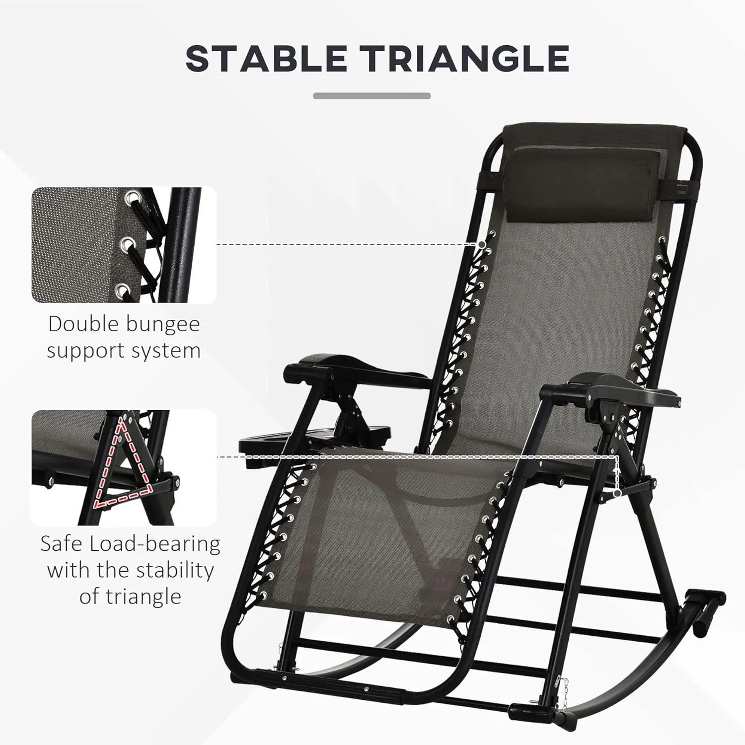 Outsunny Outdoor Rocking Chairs, Foldable Reclining Zero Gravity Lounge Rocker with Pillow, Cup & Phone Holder, Combo Design with Folding Legs, Gray
