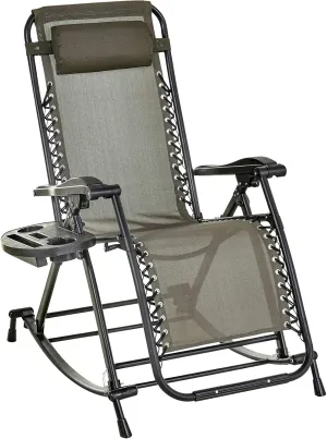 Outsunny Outdoor Rocking Chairs, Foldable Reclining Zero Gravity Lounge Rocker with Pillow, Cup & Phone Holder, Combo Design with Folding Legs, Gray
