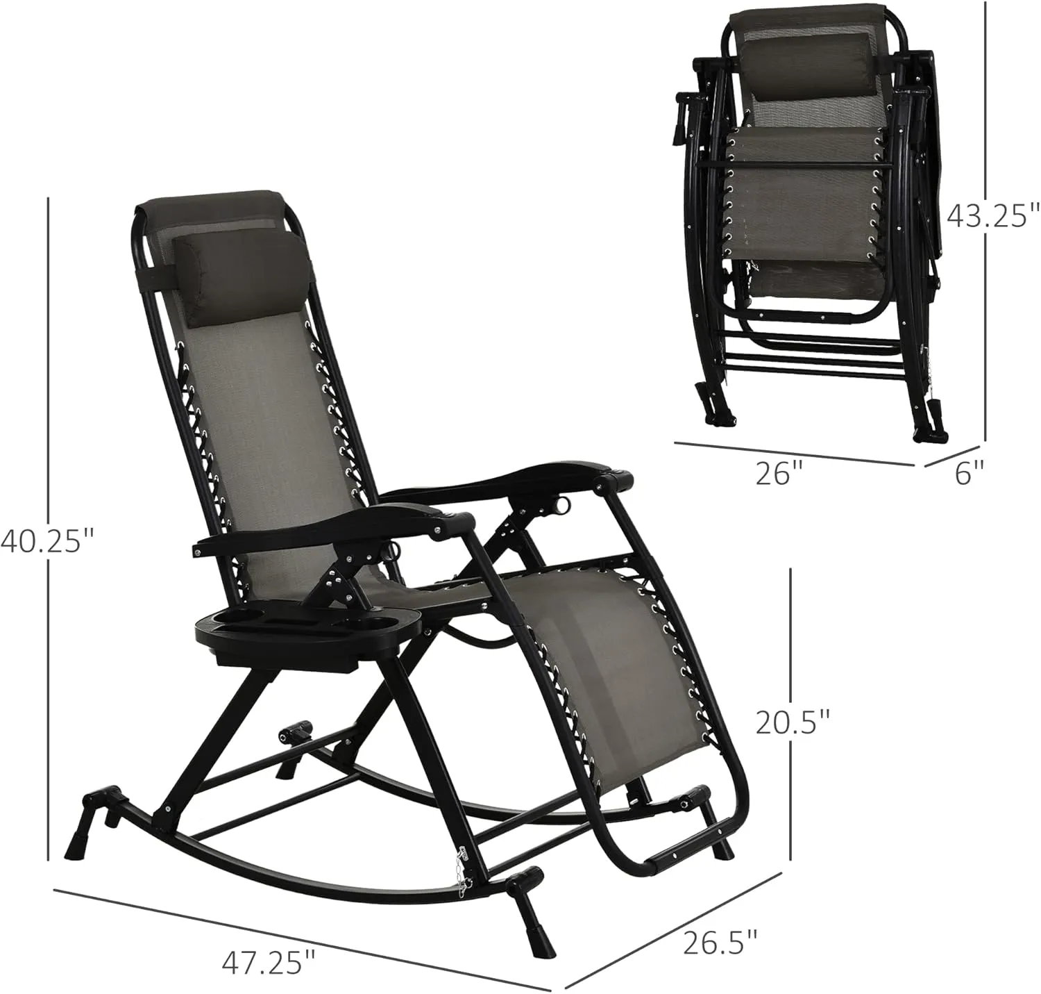 Outsunny Outdoor Rocking Chairs, Foldable Reclining Zero Gravity Lounge Rocker with Pillow, Cup & Phone Holder, Combo Design with Folding Legs, Gray