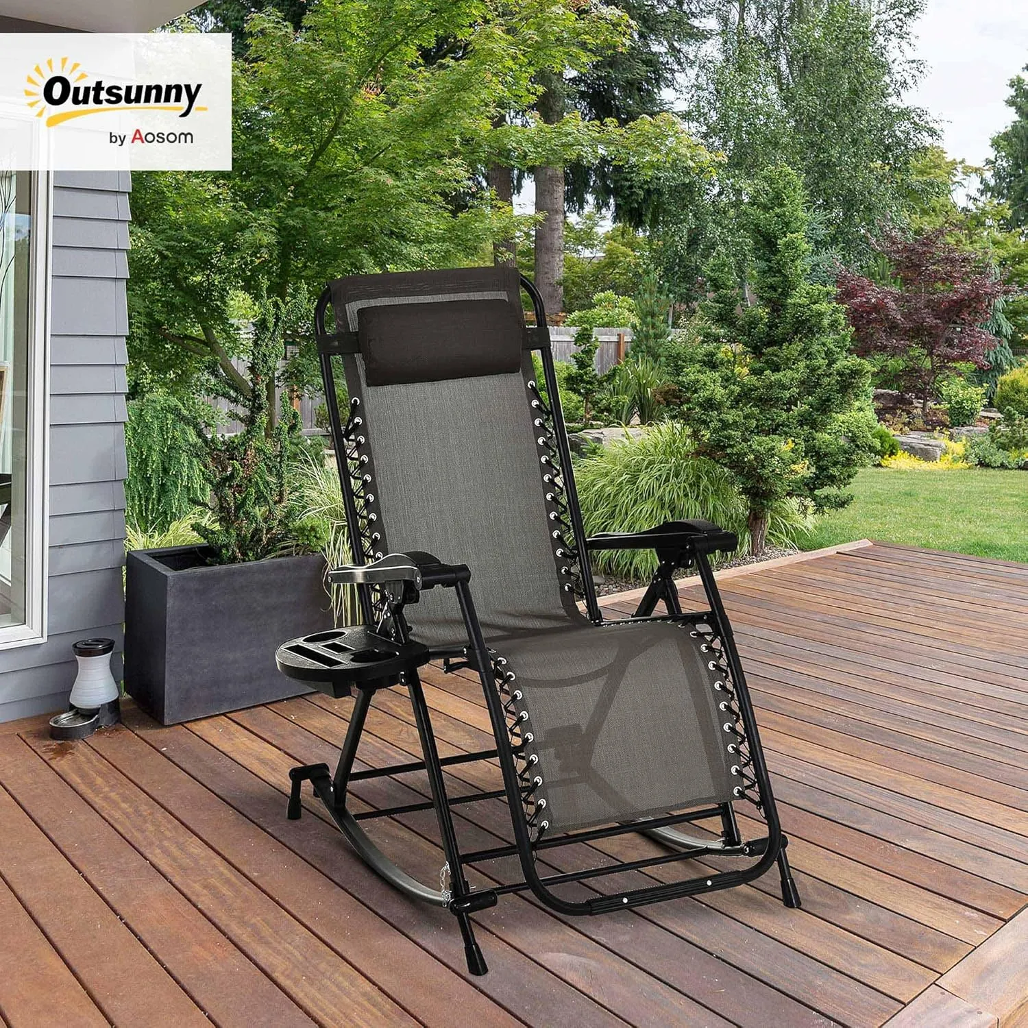 Outsunny Outdoor Rocking Chairs, Foldable Reclining Zero Gravity Lounge Rocker with Pillow, Cup & Phone Holder, Combo Design with Folding Legs, Gray