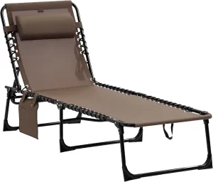 Outsunny Reclining Chaise Lounge Chair, Portable Sun Lounger, Folding Camping Cot with Adjustable Backrest and Removable Pillow, for Patio, Garden, Beach, Brown