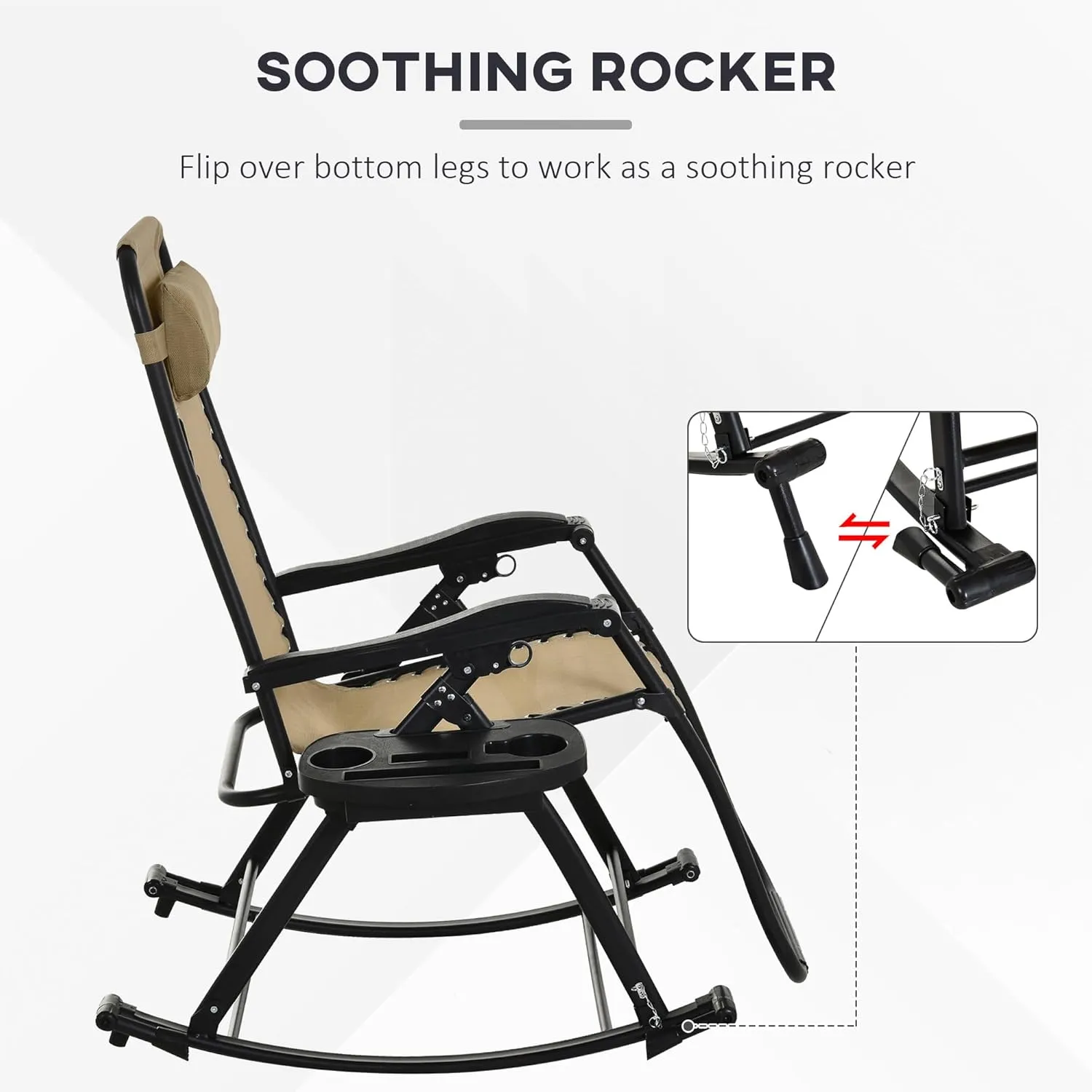 Outsunny Set of 2 Outdoor Rocking Chairs, Foldable Reclining Zero Gravity Lounge Rocker with Pillow, Cup & Phone Holder, Combo Design with Folding Legs, Beige