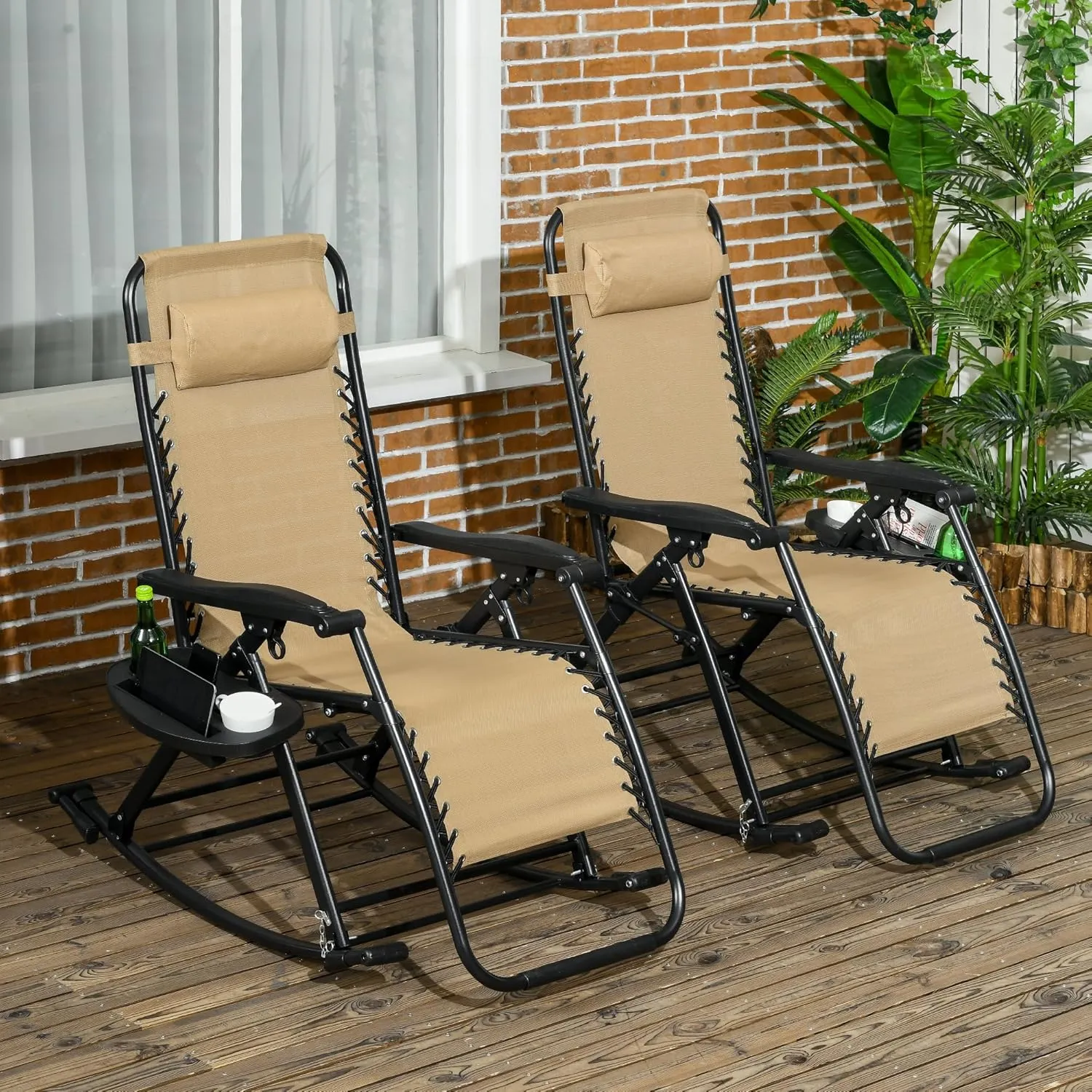 Outsunny Set of 2 Outdoor Rocking Chairs, Foldable Reclining Zero Gravity Lounge Rocker with Pillow, Cup & Phone Holder, Combo Design with Folding Legs, Beige