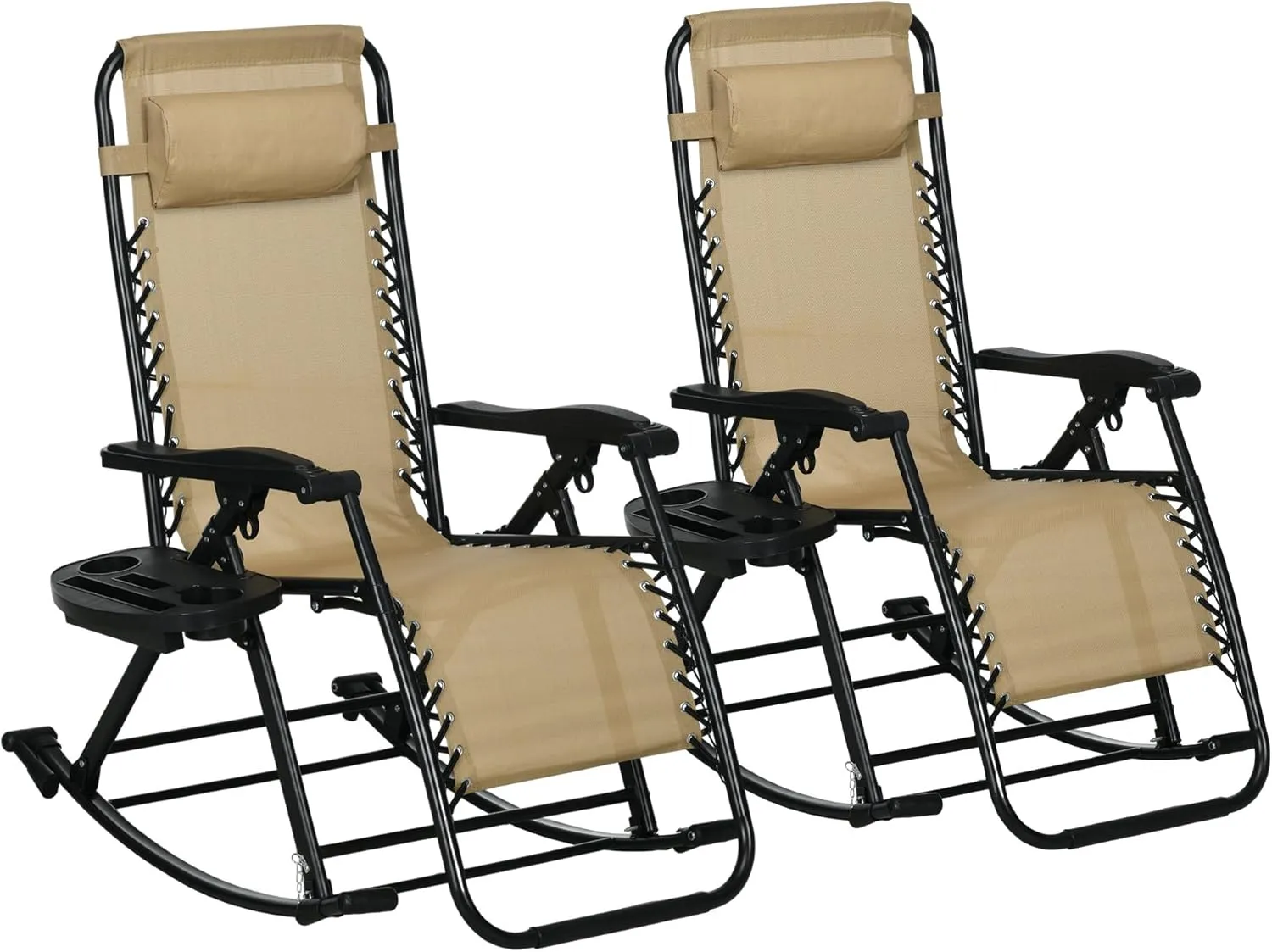 Outsunny Set of 2 Outdoor Rocking Chairs, Foldable Reclining Zero Gravity Lounge Rocker with Pillow, Cup & Phone Holder, Combo Design with Folding Legs, Beige