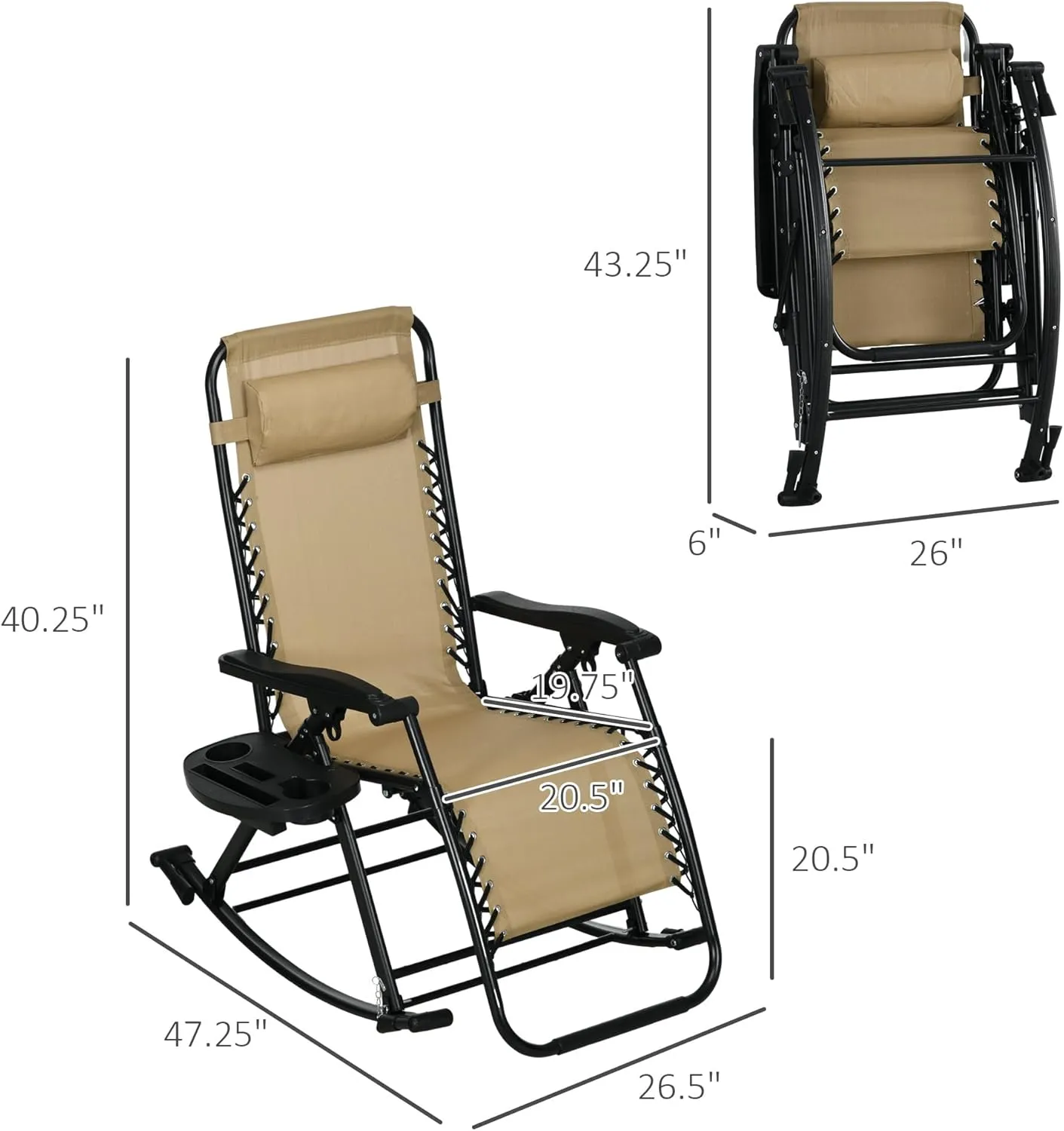 Outsunny Set of 2 Outdoor Rocking Chairs, Foldable Reclining Zero Gravity Lounge Rocker with Pillow, Cup & Phone Holder, Combo Design with Folding Legs, Beige