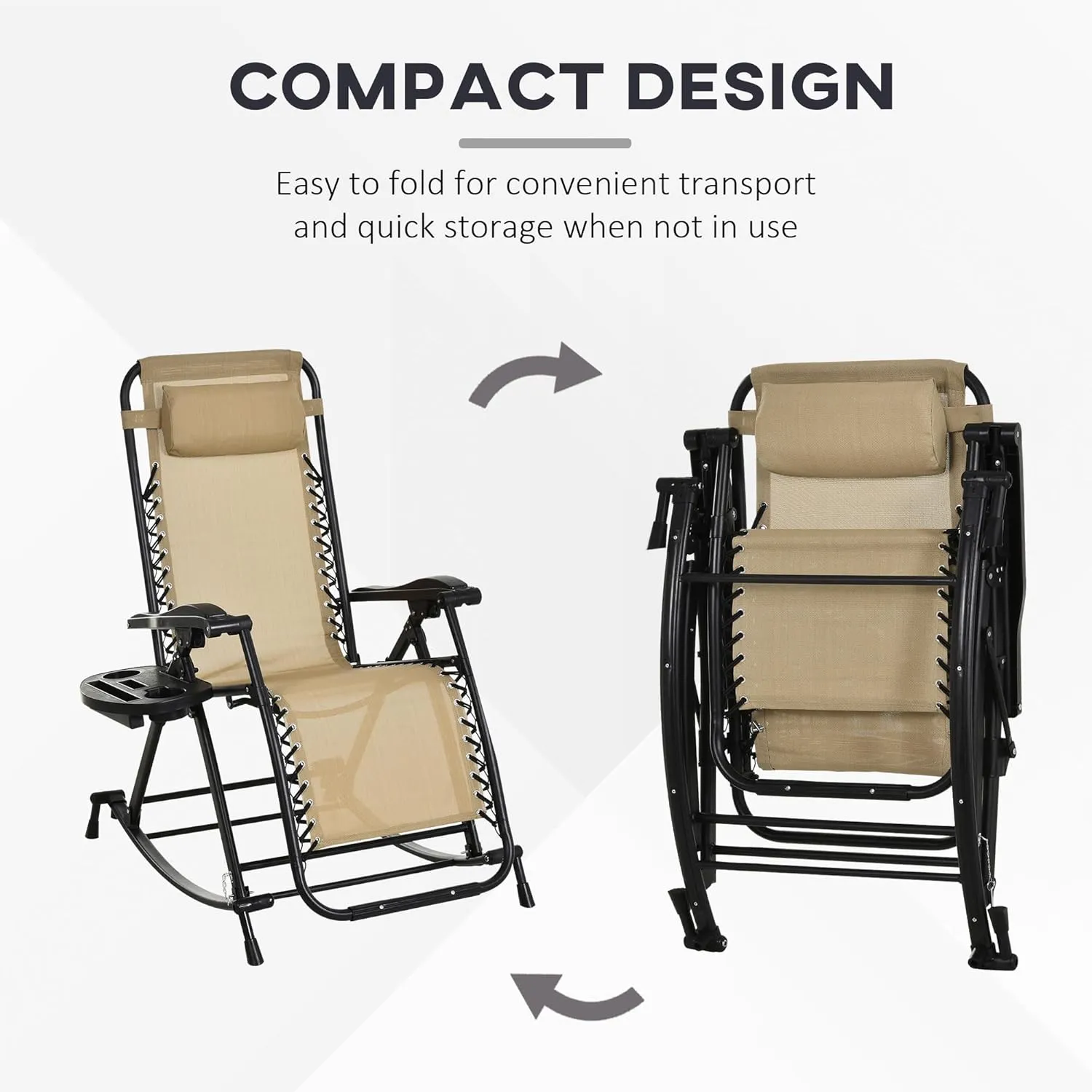 Outsunny Set of 2 Outdoor Rocking Chairs, Foldable Reclining Zero Gravity Lounge Rocker with Pillow, Cup & Phone Holder, Combo Design with Folding Legs, Beige