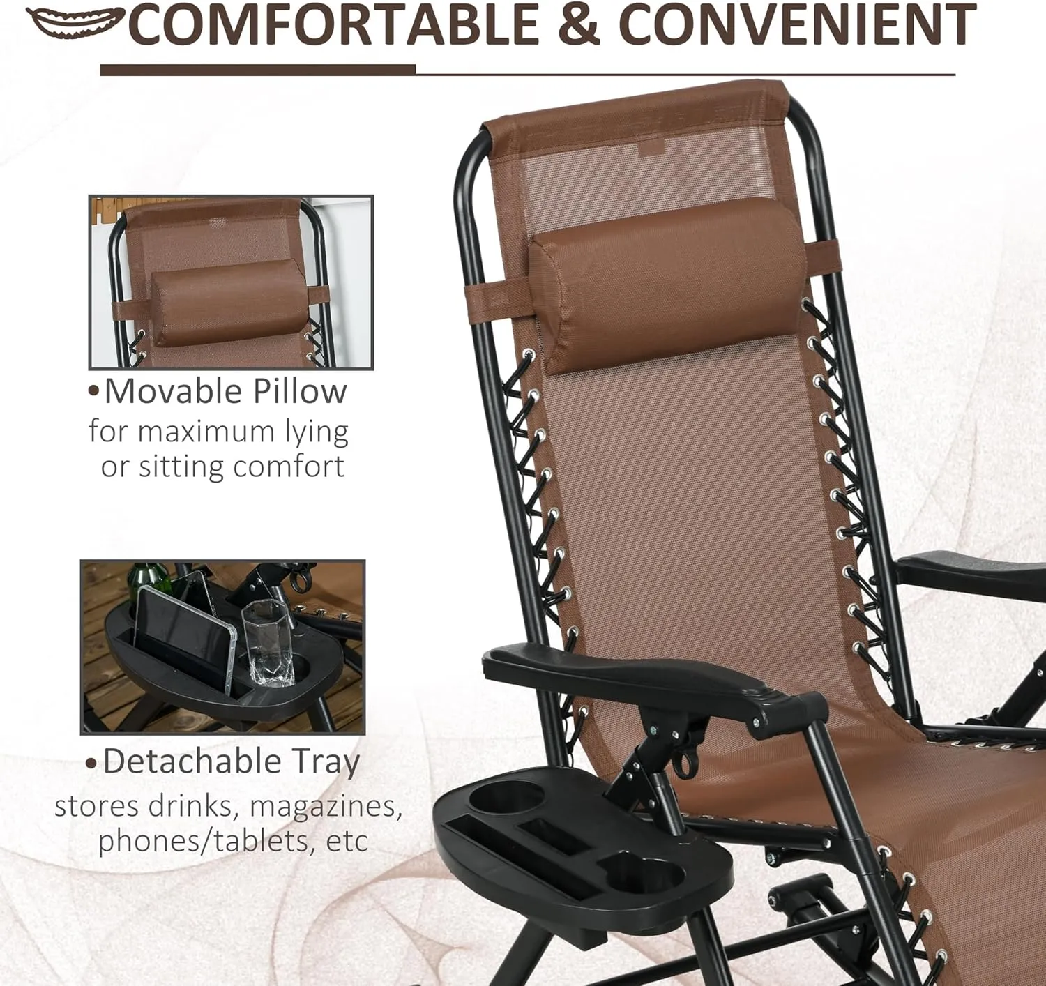 Outsunny Set of 2 Outdoor Rocking Chairs, Foldable Reclining Zero Gravity Lounge Rocker with Pillow, Cup & Phone Holder, Combo Design with Folding Legs, Brown