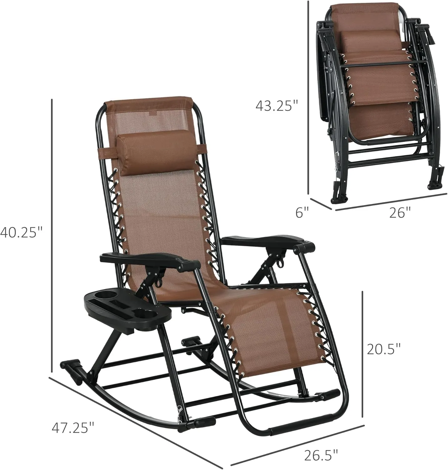 Outsunny Set of 2 Outdoor Rocking Chairs, Foldable Reclining Zero Gravity Lounge Rocker with Pillow, Cup & Phone Holder, Combo Design with Folding Legs, Brown