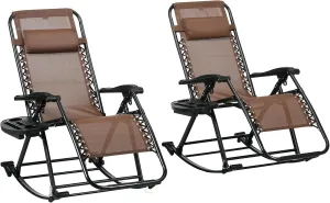 Outsunny Set of 2 Outdoor Rocking Chairs, Foldable Reclining Zero Gravity Lounge Rocker with Pillow, Cup & Phone Holder, Combo Design with Folding Legs, Brown