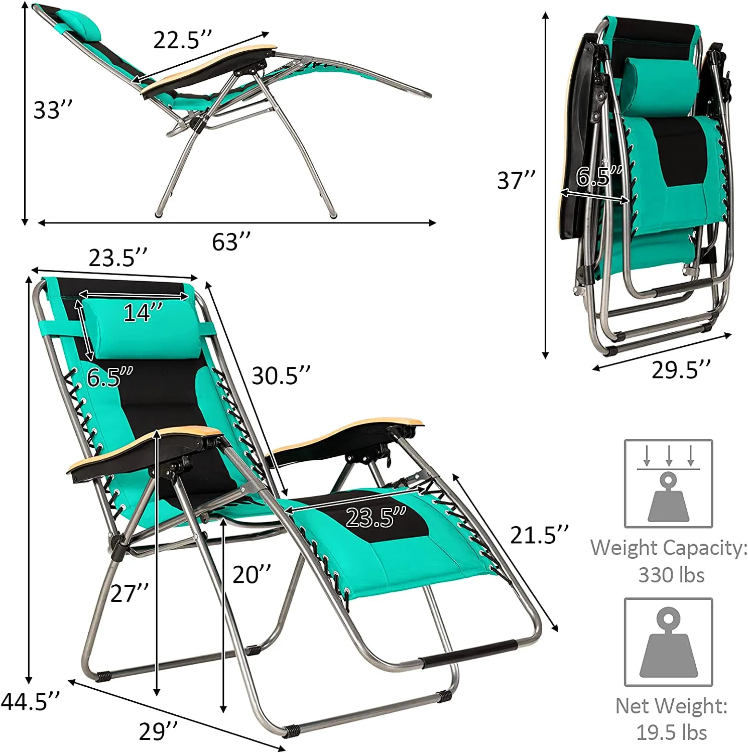 Oversize Folding Adjustable Steel Outdoor Lounge Chair in Turquoise