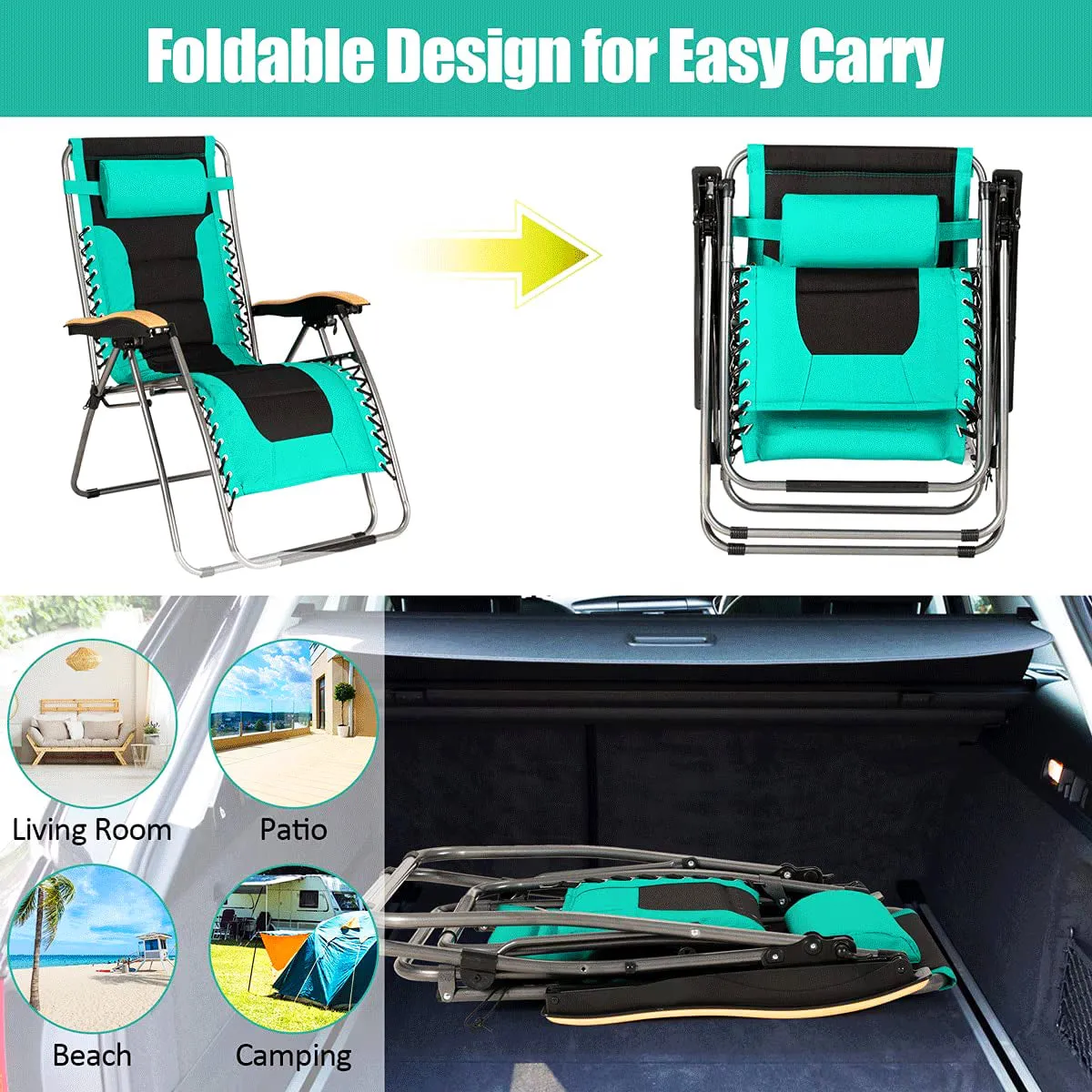 Oversize Folding Adjustable Steel Outdoor Lounge Chair in Turquoise
